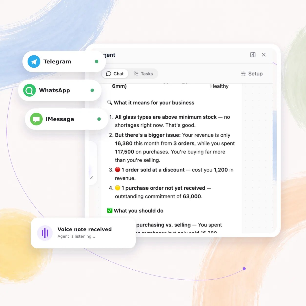 Telegram وWhatsApp وiMessage موصولة بالوكيل، وهو ينصت إلى مقطع صوتي ويشرح ما تعنيه الأرقام.