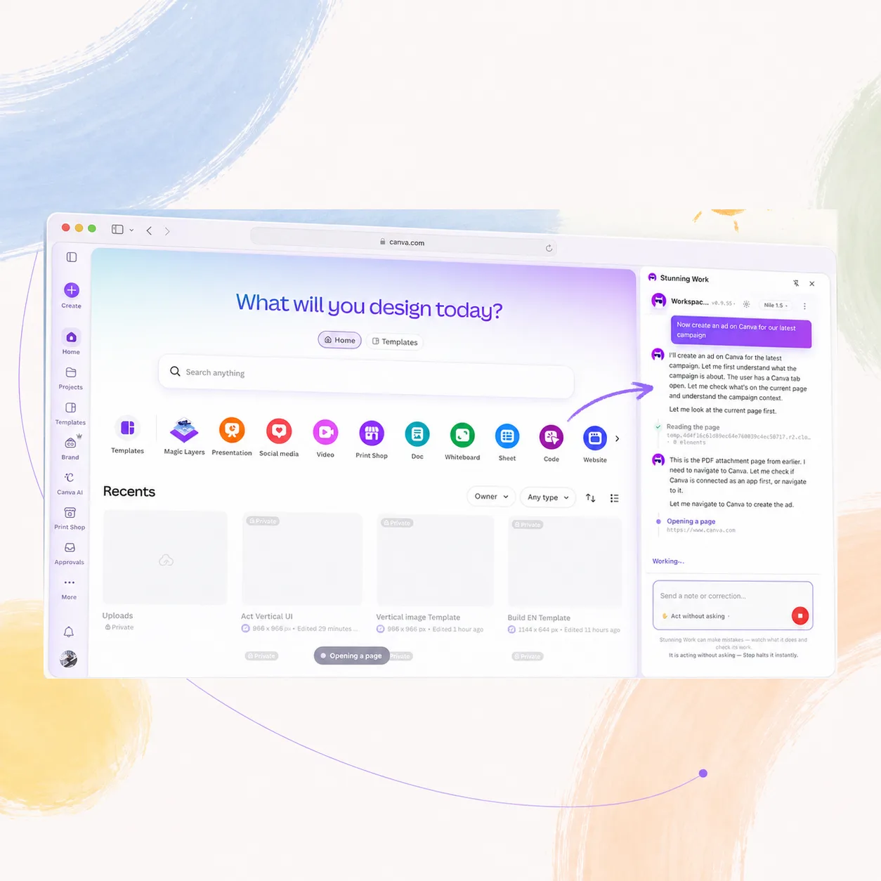 Stunning Work مفتوحاً كلوحة جانبية بجوار تبويب Canva مسجّل الدخول، يقرأ الصفحة قبل أن يتصرّف.