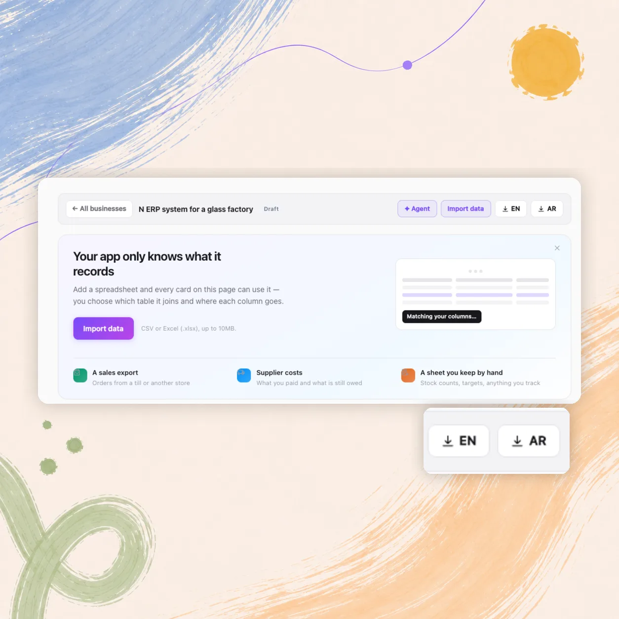 أعمالي مع زرّي التنزيل بالعربية والإنجليزية، ولوحة إضافة ملف بيانات تستفيد منه كل البطاقات.